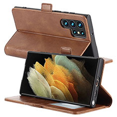 Leather Case Stands Flip Cover Holder D10T for Samsung Galaxy S22 Ultra 5G Brown