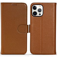 Leather Case Stands Flip Cover Holder DL1 for Apple iPhone 15 Pro Light Brown