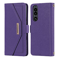 Leather Case Stands Flip Cover Holder DT1 for Sony Xperia 5 III Purple