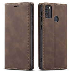 Leather Case Stands Flip Cover Holder for Samsung Galaxy M21 Brown