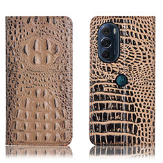 Leather Case Stands Flip Cover Holder H01P for Motorola Moto Edge Plus (2022) 5G Khaki