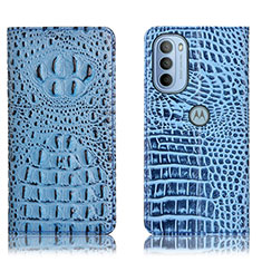 Leather Case Stands Flip Cover Holder H01P for Motorola Moto G31 Sky Blue