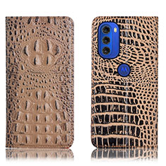 Leather Case Stands Flip Cover Holder H01P for Motorola Moto G51 5G Khaki
