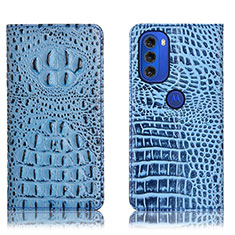 Leather Case Stands Flip Cover Holder H01P for Motorola Moto G51 5G Sky Blue