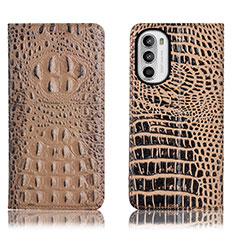 Leather Case Stands Flip Cover Holder H01P for Motorola MOTO G52 Khaki