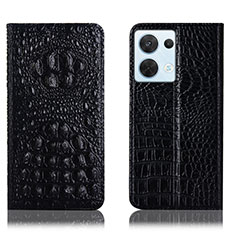 Leather Case Stands Flip Cover Holder H01P for Oppo Reno8 5G Black