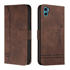 Leather Case Stands Flip Cover Holder H01X for Motorola Moto E22S Brown