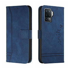 Leather Case Stands Flip Cover Holder H01X for Oppo Reno5 Lite Blue