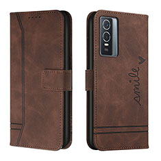 Leather Case Stands Flip Cover Holder H01X for Vivo Y76 5G Brown