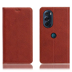 Leather Case Stands Flip Cover Holder H02P for Motorola Moto Edge Plus (2022) 5G Brown