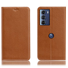 Leather Case Stands Flip Cover Holder H02P for Motorola Moto Edge S30 5G Light Brown