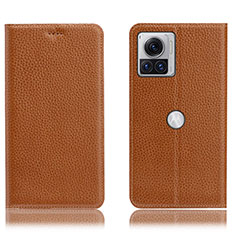Leather Case Stands Flip Cover Holder H02P for Motorola Moto Edge X30 Pro 5G Light Brown