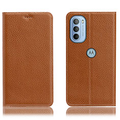 Leather Case Stands Flip Cover Holder H02P for Motorola Moto G31 Light Brown