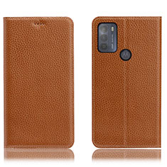Leather Case Stands Flip Cover Holder H02P for Motorola Moto G50 Light Brown