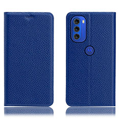 Leather Case Stands Flip Cover Holder H02P for Motorola Moto G51 5G Blue
