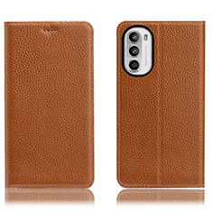 Leather Case Stands Flip Cover Holder H02P for Motorola MOTO G52 Light Brown