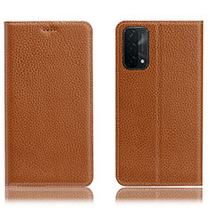 Leather Case Stands Flip Cover Holder H02P for OnePlus Nord N200 5G Light Brown
