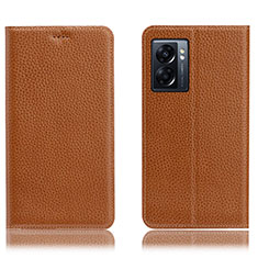 Leather Case Stands Flip Cover Holder H02P for OnePlus Nord N300 5G Light Brown