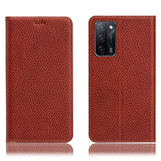 Leather Case Stands Flip Cover Holder H02P for Oppo A53s 5G Brown