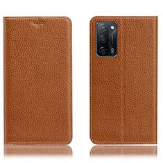 Leather Case Stands Flip Cover Holder H02P for Oppo A53s 5G Light Brown