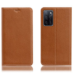 Leather Case Stands Flip Cover Holder H02P for Oppo A55S 5G Light Brown