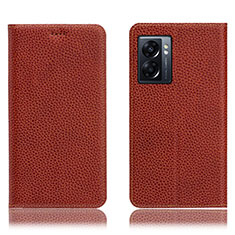 Leather Case Stands Flip Cover Holder H02P for Oppo A56S 5G Brown