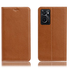 Leather Case Stands Flip Cover Holder H02P for Oppo A76 Light Brown