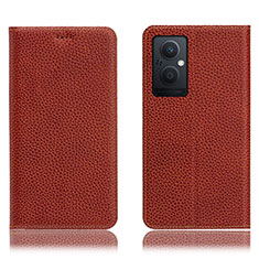 Leather Case Stands Flip Cover Holder H02P for Oppo A96 5G Brown
