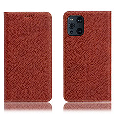 Leather Case Stands Flip Cover Holder H02P for Oppo Find X3 5G Brown