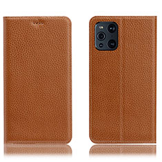 Leather Case Stands Flip Cover Holder H02P for Oppo Find X3 5G Light Brown