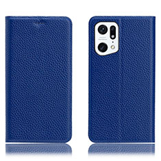 Leather Case Stands Flip Cover Holder H02P for Oppo Find X5 5G Blue