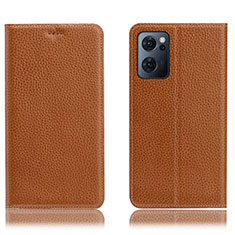 Leather Case Stands Flip Cover Holder H02P for Oppo Find X5 Lite 5G Light Brown