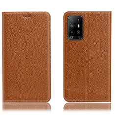 Leather Case Stands Flip Cover Holder H02P for Oppo Reno5 Z 5G Light Brown