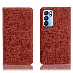 Leather Case Stands Flip Cover Holder H02P for Oppo Reno6 5G Brown