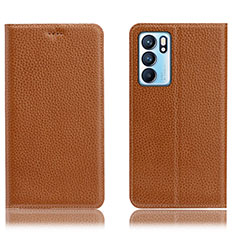 Leather Case Stands Flip Cover Holder H02P for Oppo Reno6 5G Light Brown