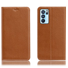 Leather Case Stands Flip Cover Holder H02P for Oppo Reno6 Pro 5G India Light Brown