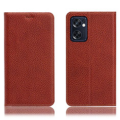 Leather Case Stands Flip Cover Holder H02P for Oppo Reno7 SE 5G Brown