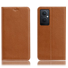 Leather Case Stands Flip Cover Holder H02P for Oppo Reno7 Z 5G Light Brown
