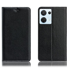 Leather Case Stands Flip Cover Holder H02P for Oppo Reno8 5G Black