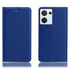 Leather Case Stands Flip Cover Holder H02P for Oppo Reno8 5G Blue