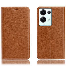Leather Case Stands Flip Cover Holder H02P for Oppo Reno8 Pro 5G Light Brown