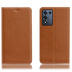 Leather Case Stands Flip Cover Holder H02P for Realme Q3s 5G Light Brown
