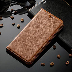 Leather Case Stands Flip Cover Holder H02P for Samsung Galaxy M60s Light Brown