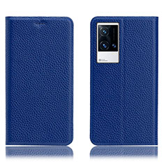 Leather Case Stands Flip Cover Holder H02P for Vivo iQOO 8 5G Blue