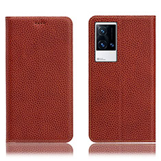 Leather Case Stands Flip Cover Holder H02P for Vivo iQOO 8 Pro 5G Brown