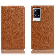 Leather Case Stands Flip Cover Holder H02P for Vivo iQOO 8 Pro 5G Light Brown