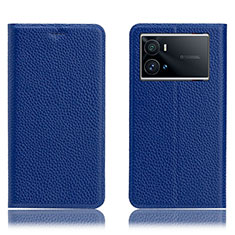 Leather Case Stands Flip Cover Holder H02P for Vivo iQOO 9 5G Blue