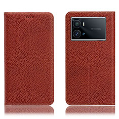 Leather Case Stands Flip Cover Holder H02P for Vivo iQOO 9 Pro 5G Brown