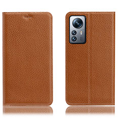 Leather Case Stands Flip Cover Holder H02P for Xiaomi Mi 12 5G Light Brown