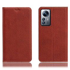 Leather Case Stands Flip Cover Holder H02P for Xiaomi Mi 12 Lite 5G Brown